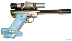 Ruger Mark II w/pale blue adj. target grips     
<BR>D.Corbin